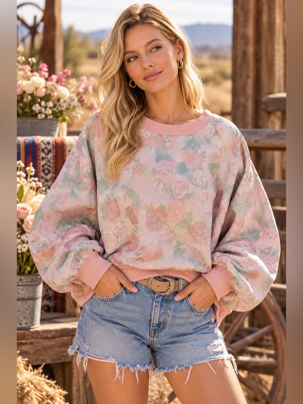 Blush pink rose floral jacquard tapestry pullover stitch sweatshirt tunic top